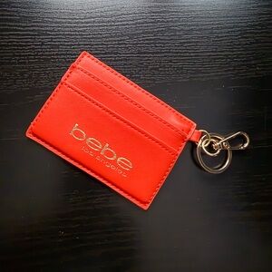 Bebe Card Holder Keychain Red Orange Wallet Slim ID Case Gold Logo